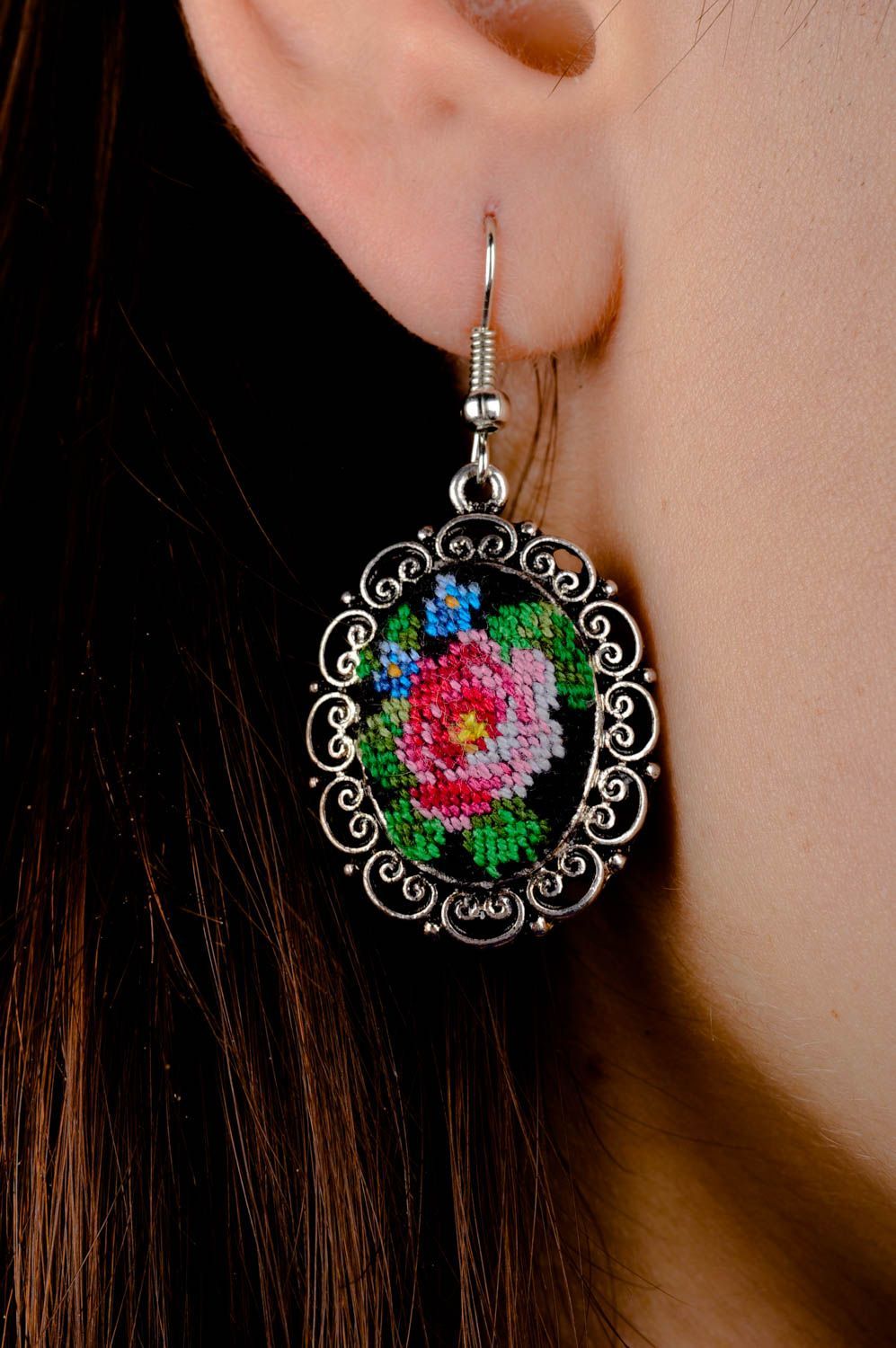 Handmade metal earrings embroidered earrings cross stitch ideas gifts for her photo 5