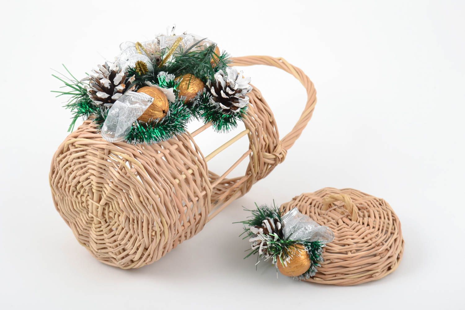 Canasta trenzada de mimbre decorada navideña cesta artesanal original pequeña foto 4