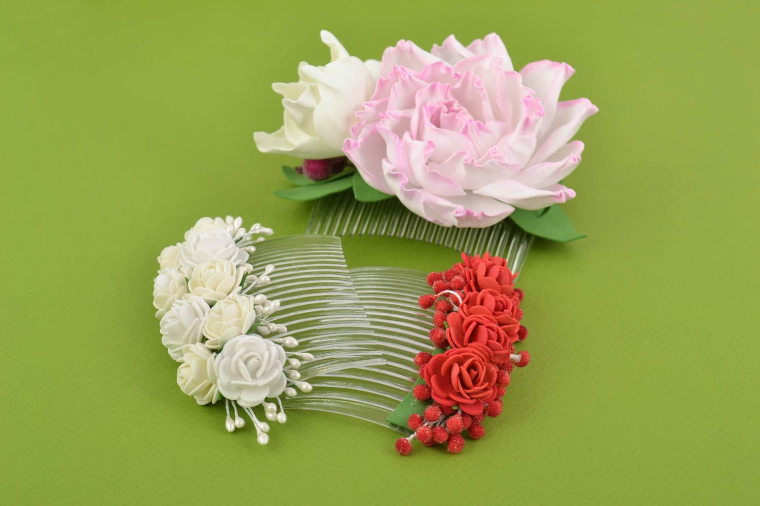 Beautiful handmade combs for hair with flowers made of foamiran set of 3 items photo 9