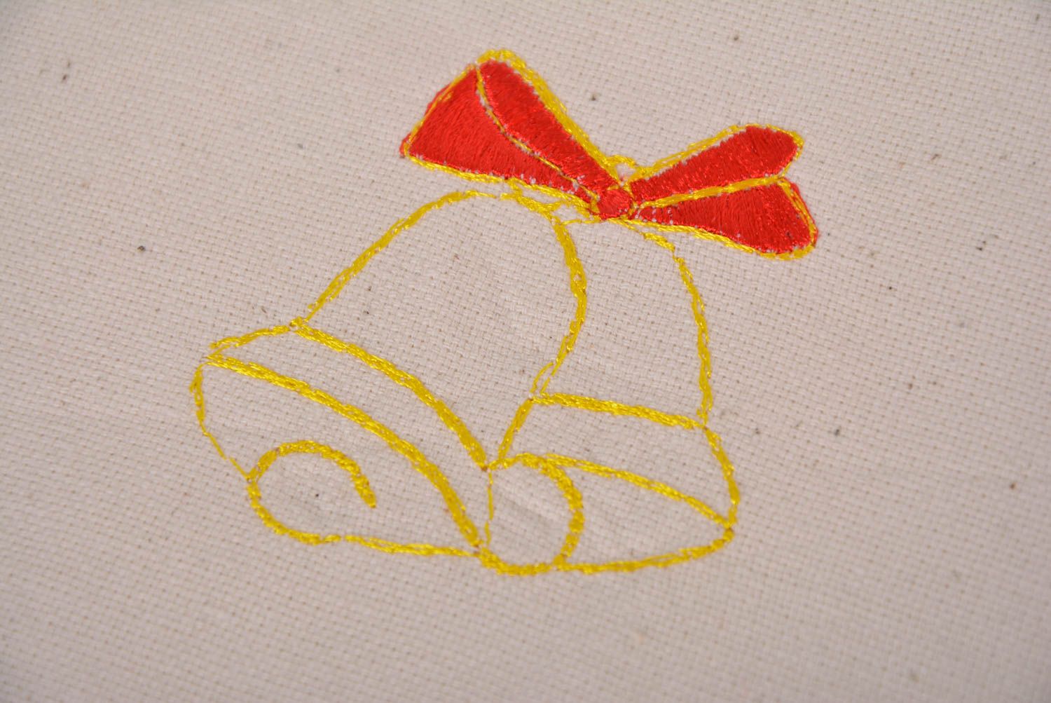 Handmade designer semi linen cloth napkin with embroidered bells Christmas photo 3
