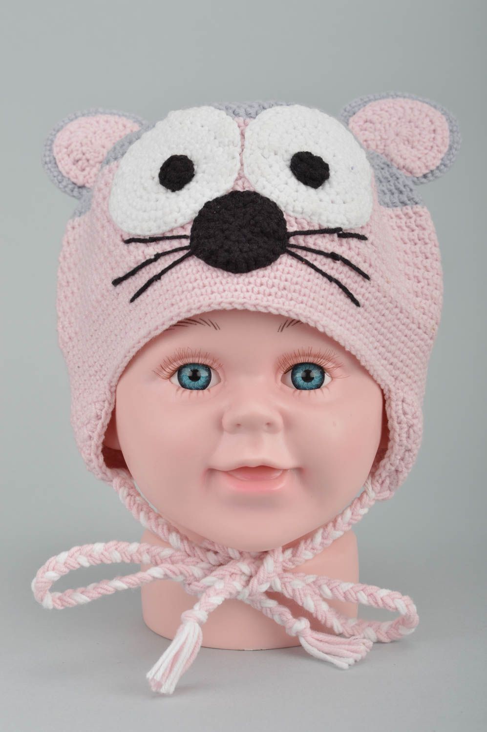 Kinder Mütze aus Baumwolle Maus handmade mit Ohrenklappen gehäkelt originell  foto 3