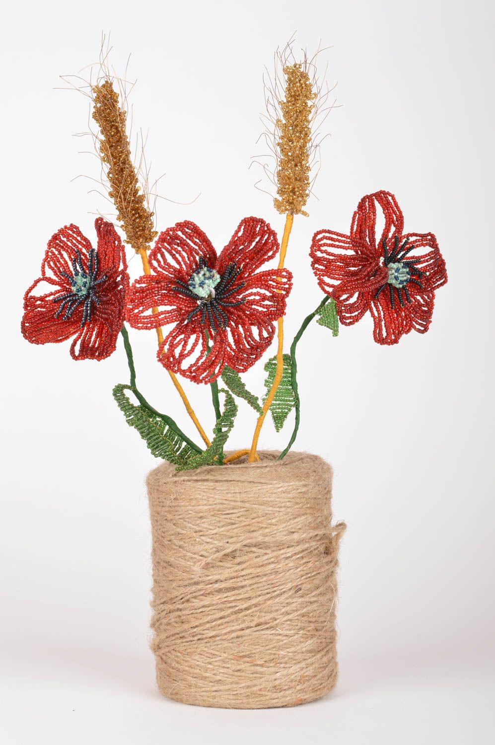 Decorative flowers made of beads Wild bouquet 3 poppies and 2 spikelets photo 2