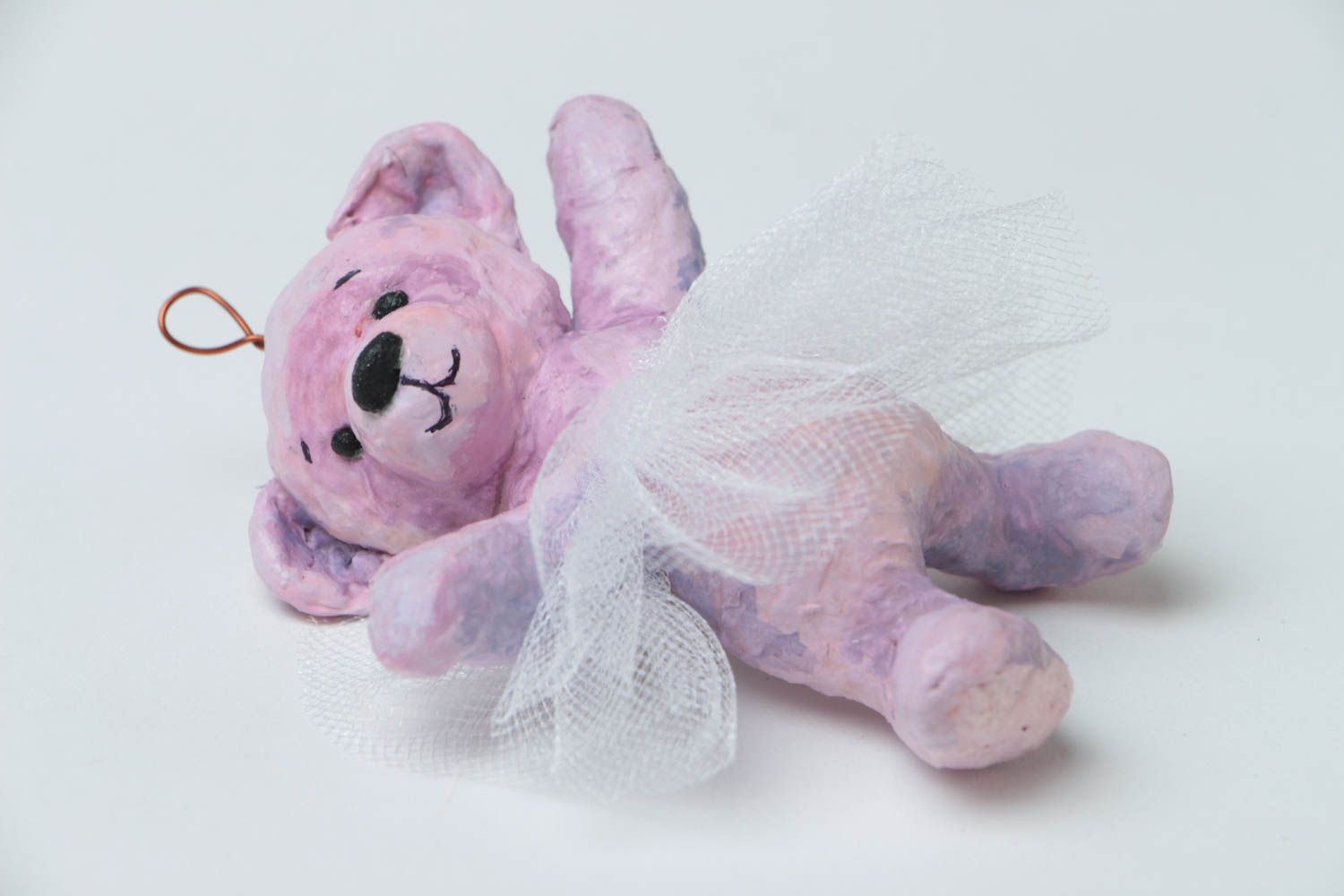 Расписная интерьерная подвеска из папье-маше в виде мишки розовой ручной работы фото 2