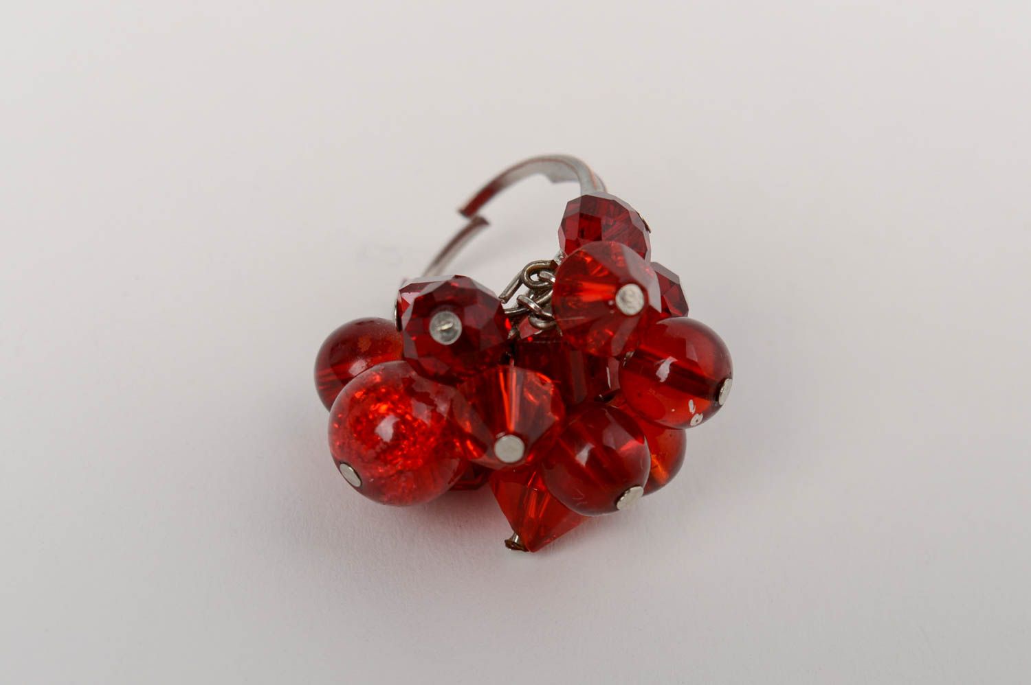 Handmade designer jewelry ring on metal basis with red glass and crystal beads photo 4