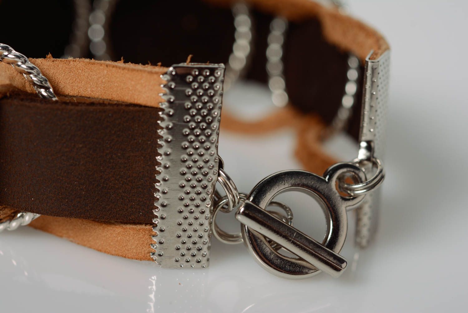 Unusual handmade designer brown genuine leather wrist bracelet photo 4