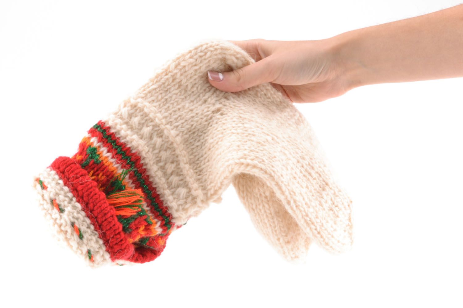 Calcetines de lana tejidos a mano Ornamento rojo	 foto 5