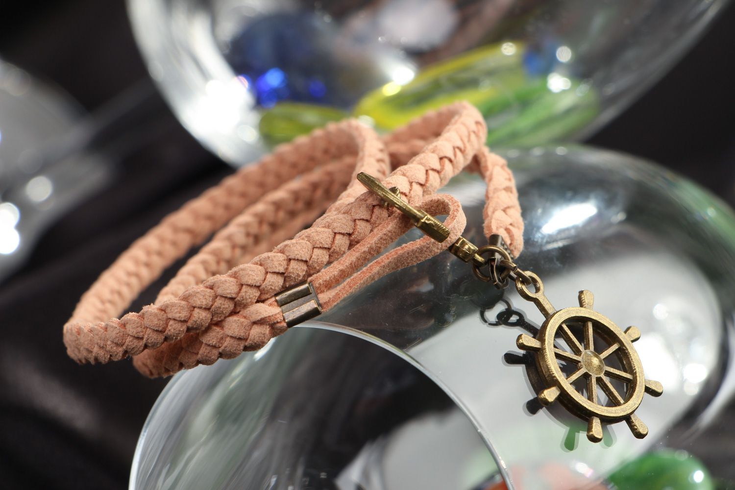 Handmade friendship bracelet woven of beige faux suede cord with steering wheel  photo 4