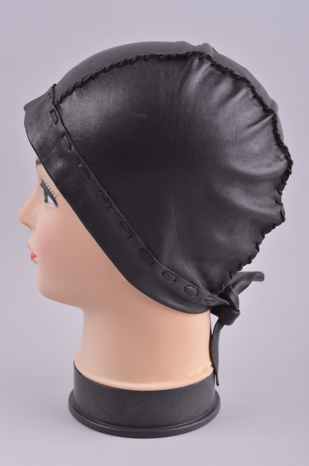 Handmade black leather cap unusual female cap stylish beautiful headwear photo 3