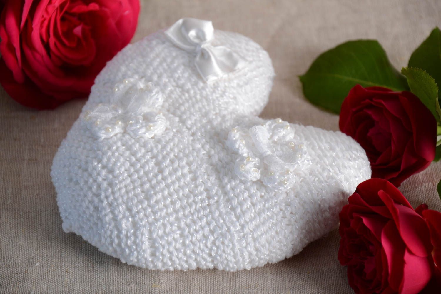 Small handmade white crochet wedding ring bearer pillow heart shaped photo 1