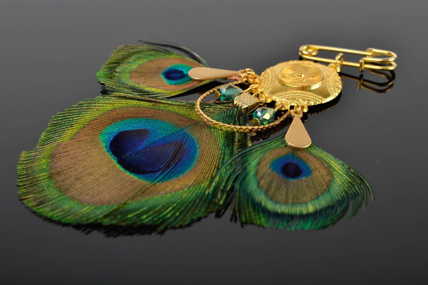 Broche plumes de paon Bijou fait main originale verte grande Cadeau femme photo 1