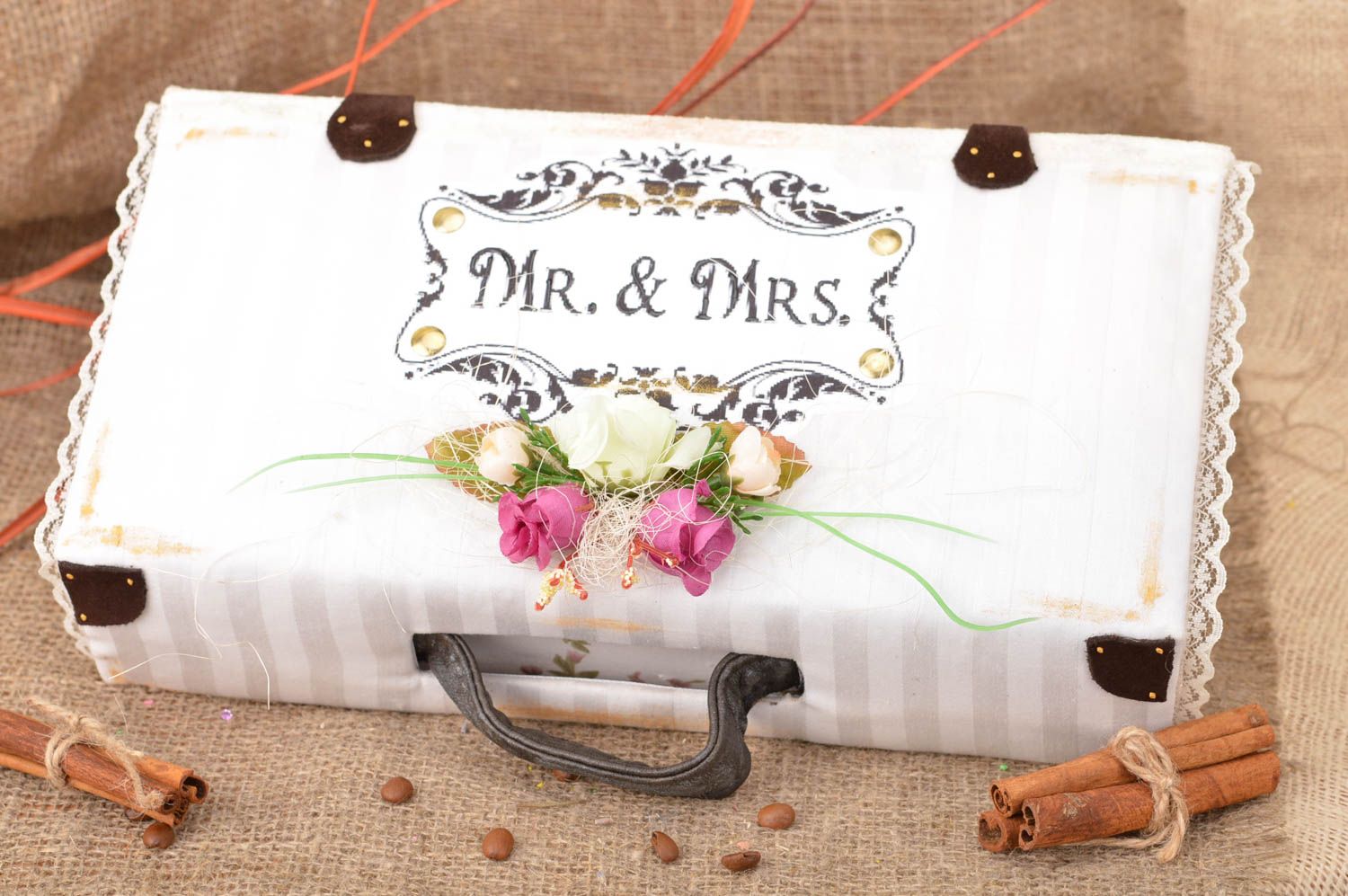 Handmade decorative carton wedding chest box with lace and flowers Mr & Mrs photo 1
