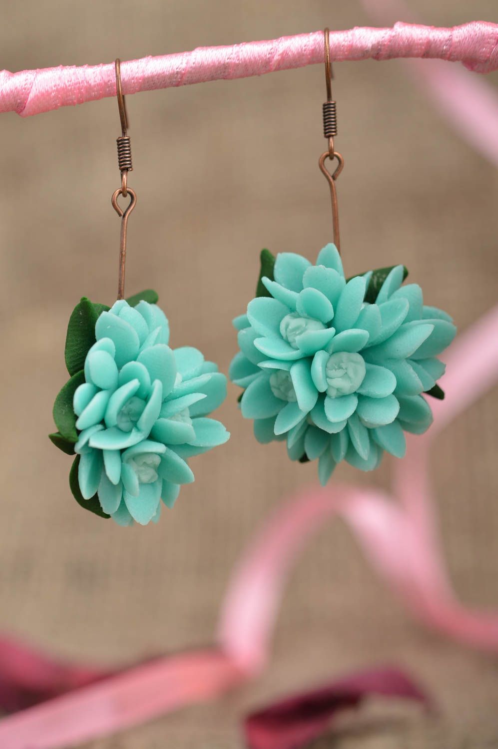 Beautiful handmade earrings made of polymer clay tender blue flowers in bouquet photo 1