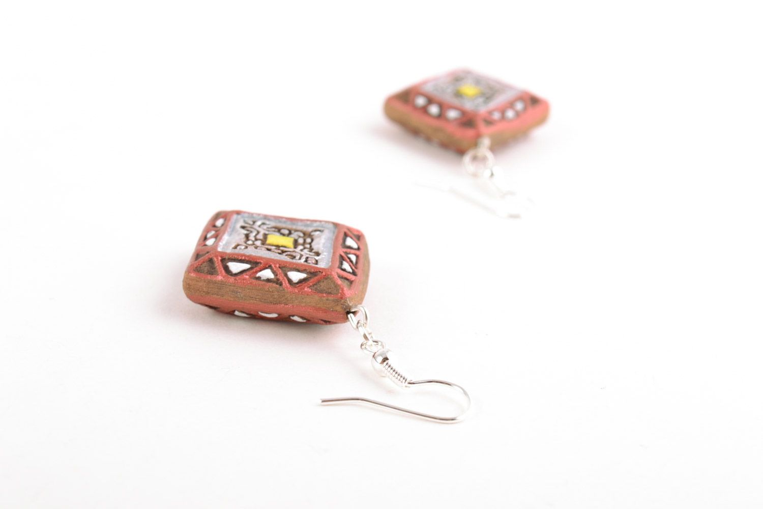 Handmade ceramic dangling earrings in the shape of rhombus with acrylic painting photo 4