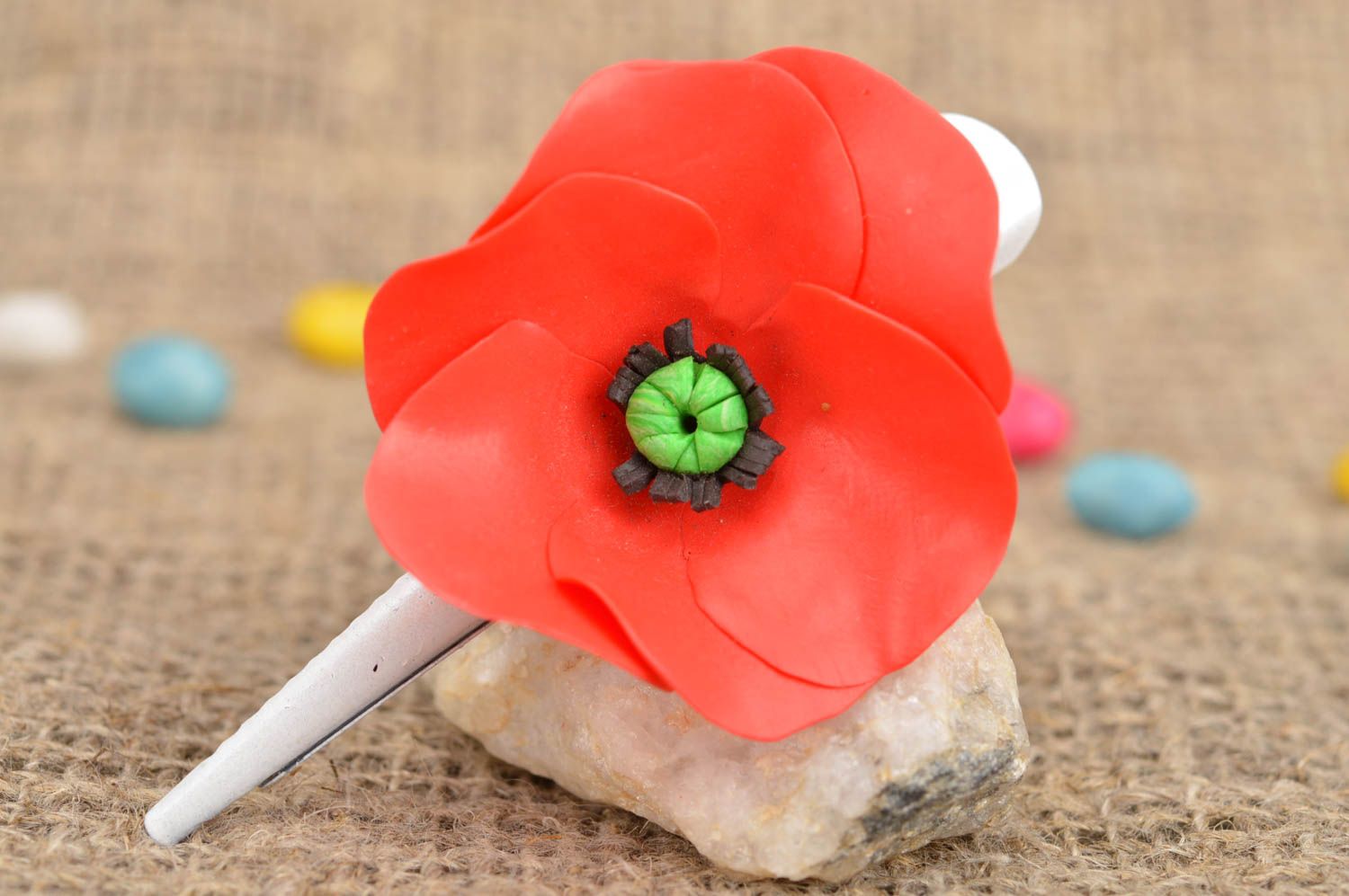 Handmade designer metal hair clip with polymer clay red poppy flower photo 1