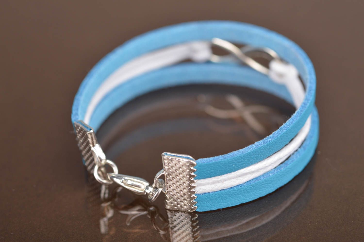 Handmade blue and white natural leather cord thin wrist bracelet for kids photo 3