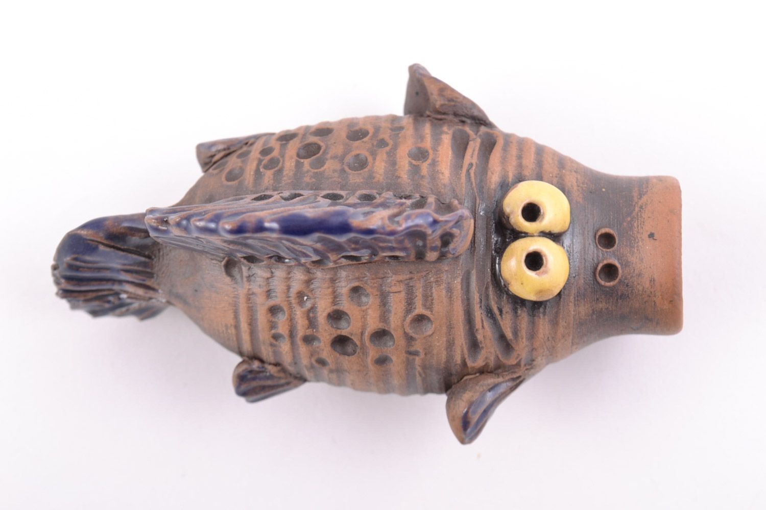 Handmade decorative ceramic figurine of fish with open mouth painted with glaze  photo 4