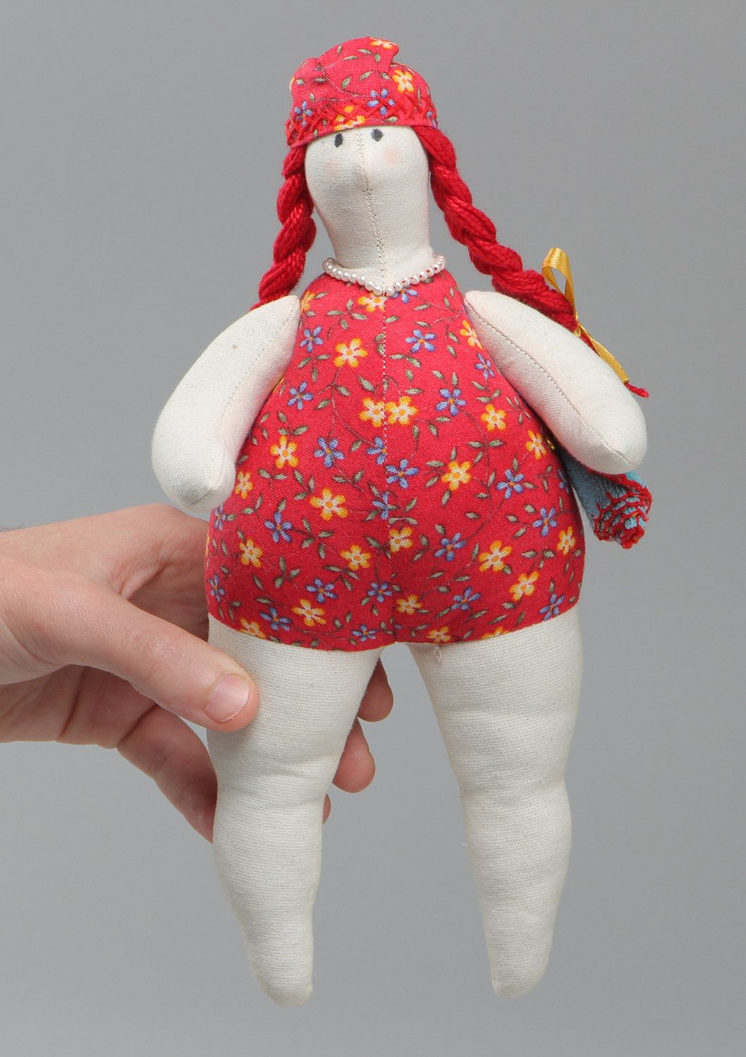 Handmade beautiful soft toy sewn of cotton and linen in red swimming suit  photo 5