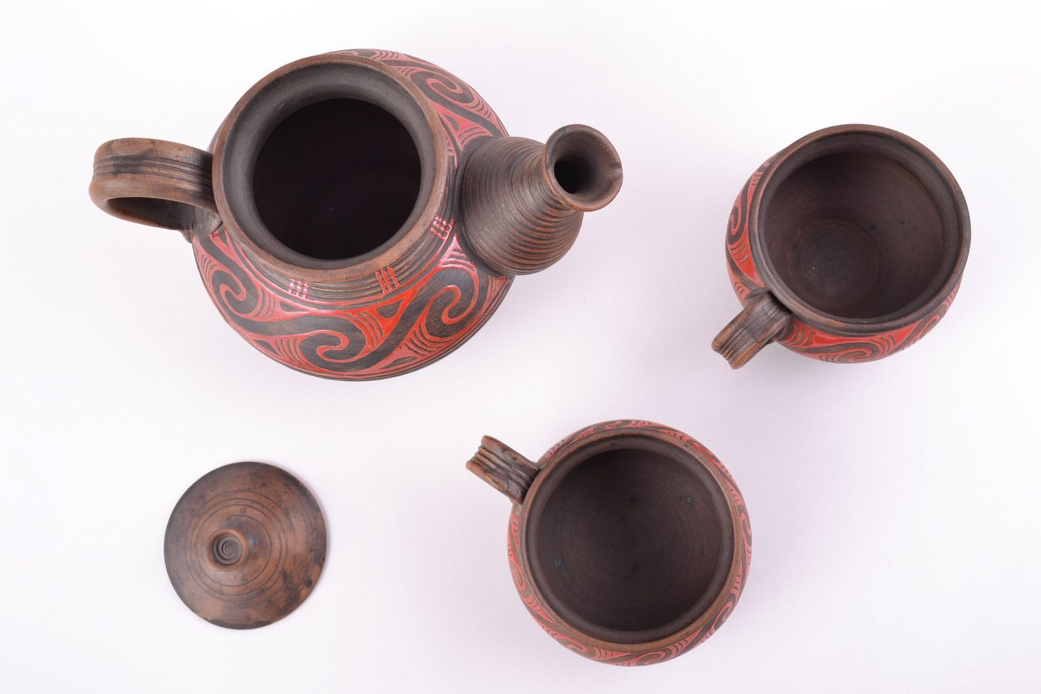 Ensemble de théière et tasses en céramique brun peint fait main 3 pièces photo 2