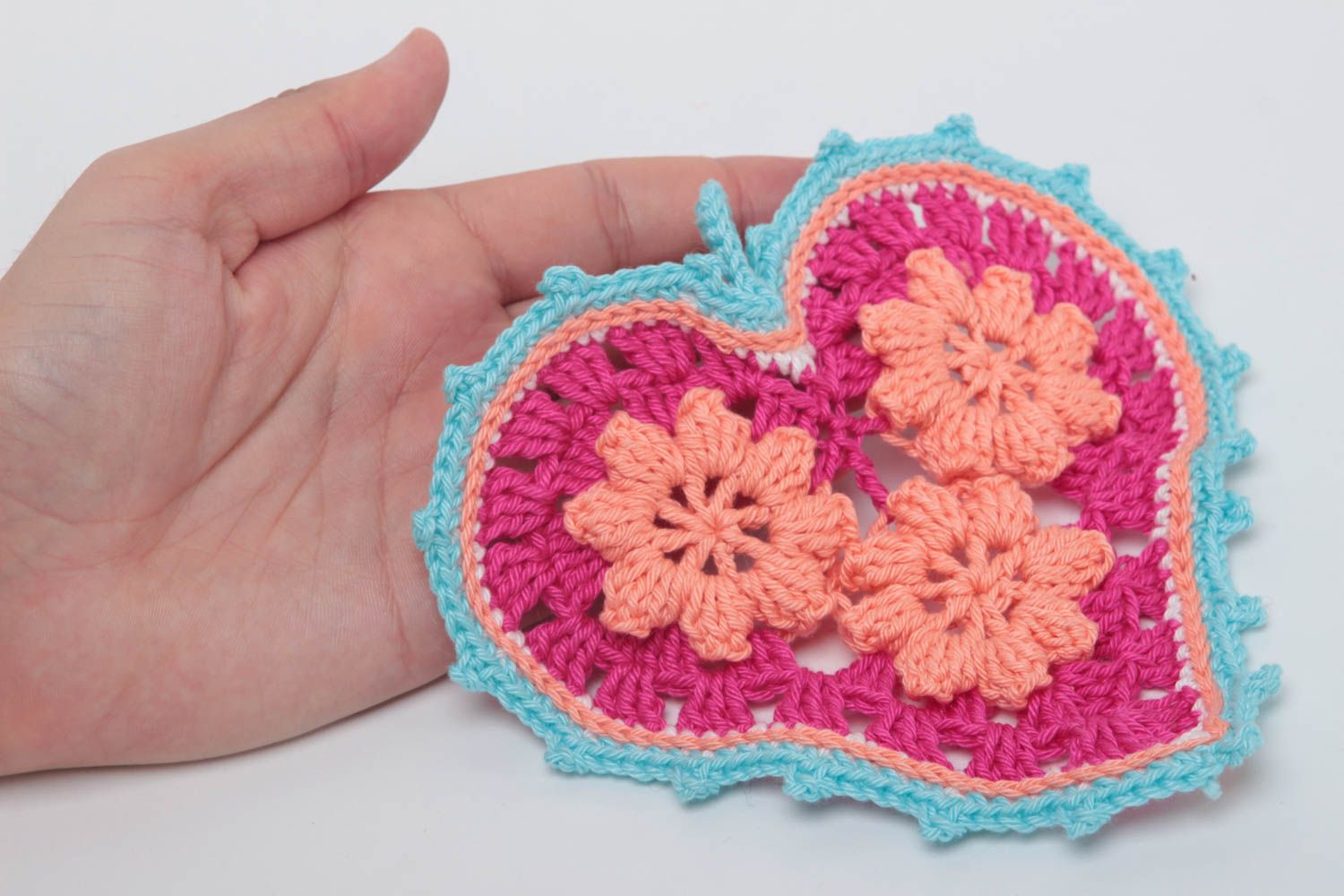 Manique au crochet faite main Textile de cuisine coeur fleurs Accessoire cuisine photo 5
