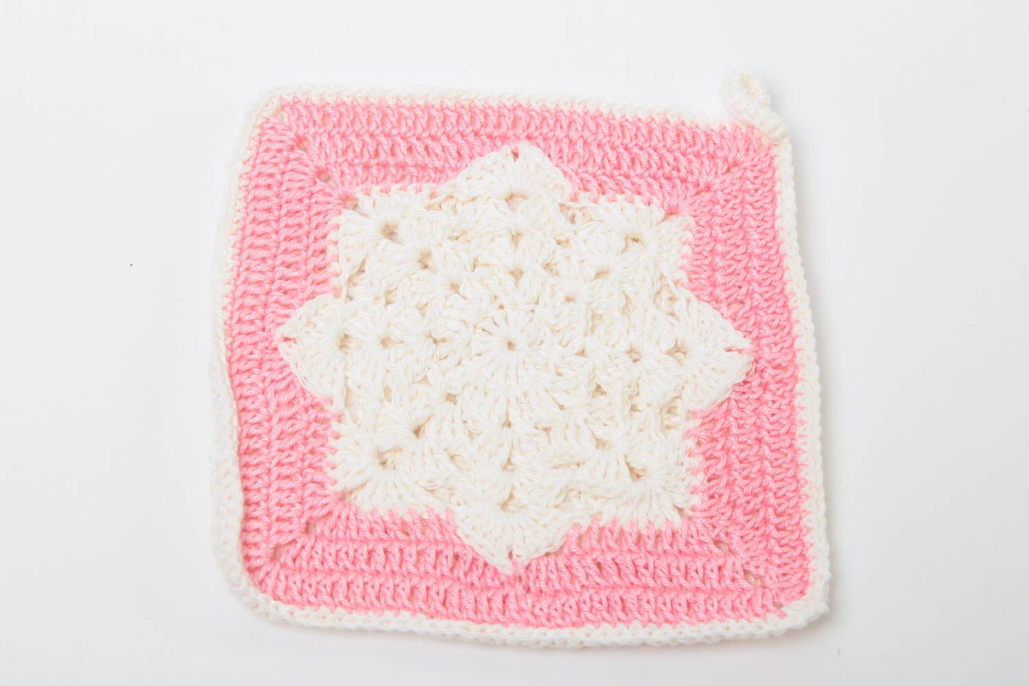 Manique au crochet Accessoire cuisine fait main en coton rose blanc Idée cadeau photo 2