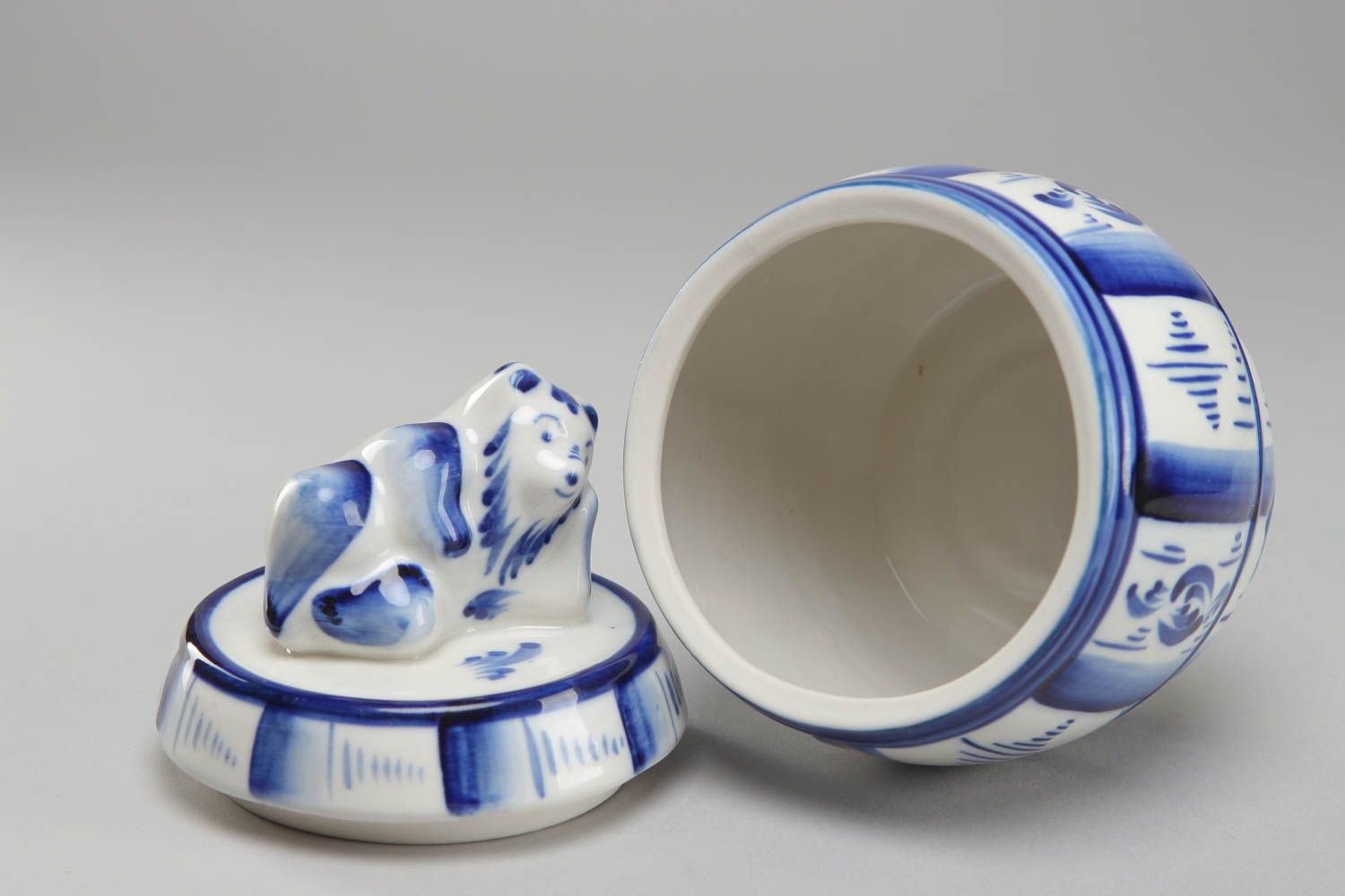 Petit pot à miel en céramique blanc et bleu peinture Gjel Ours sur couvercle photo 2