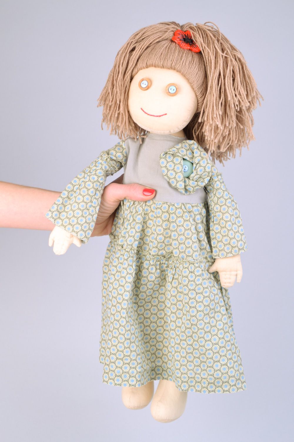 Handmade designer soft doll sewn of cotton fabric with volume hair Agata  photo 2