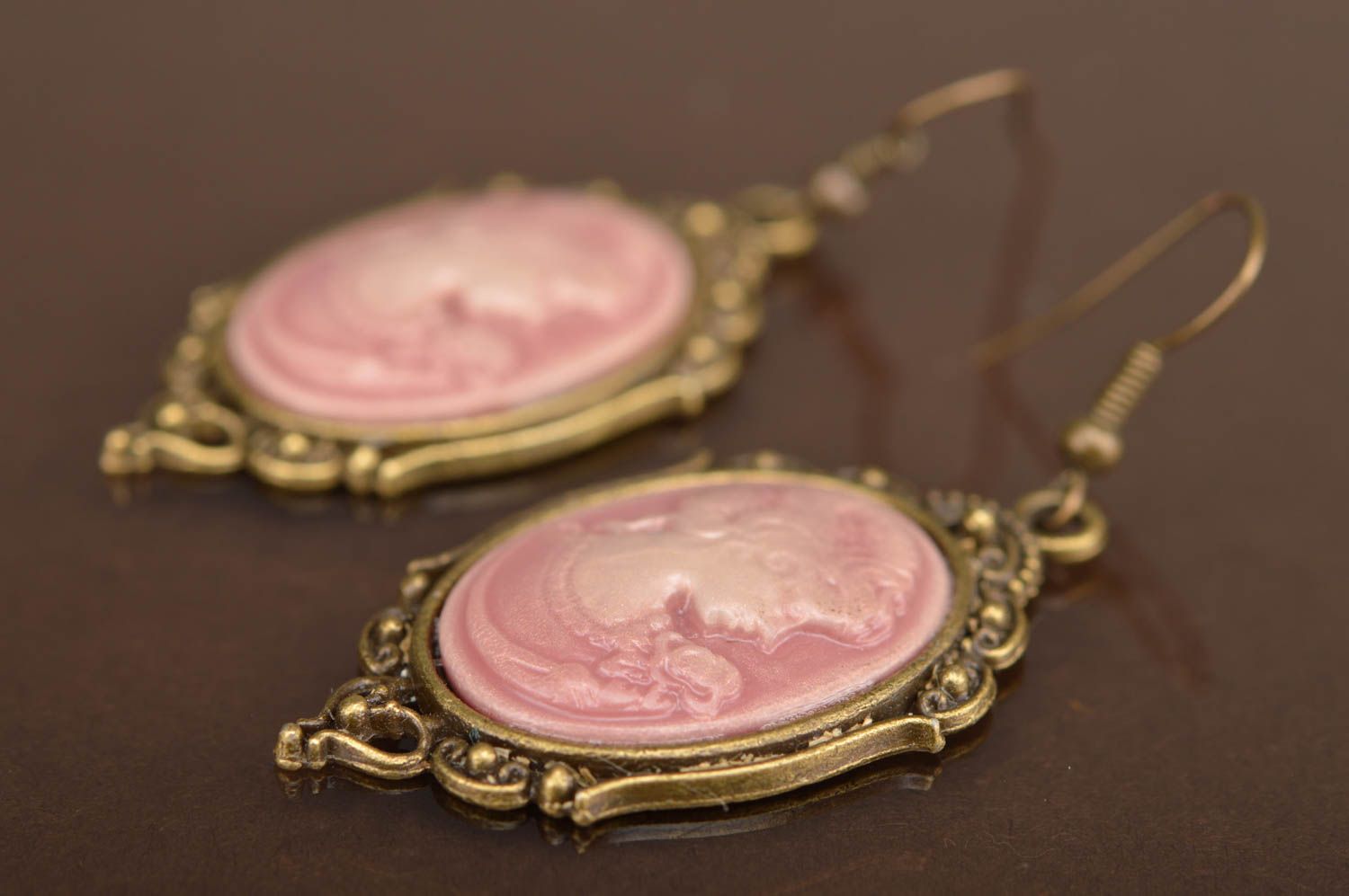 Beautiful homemade designer cameo earrings with metal frame in vintage style photo 5