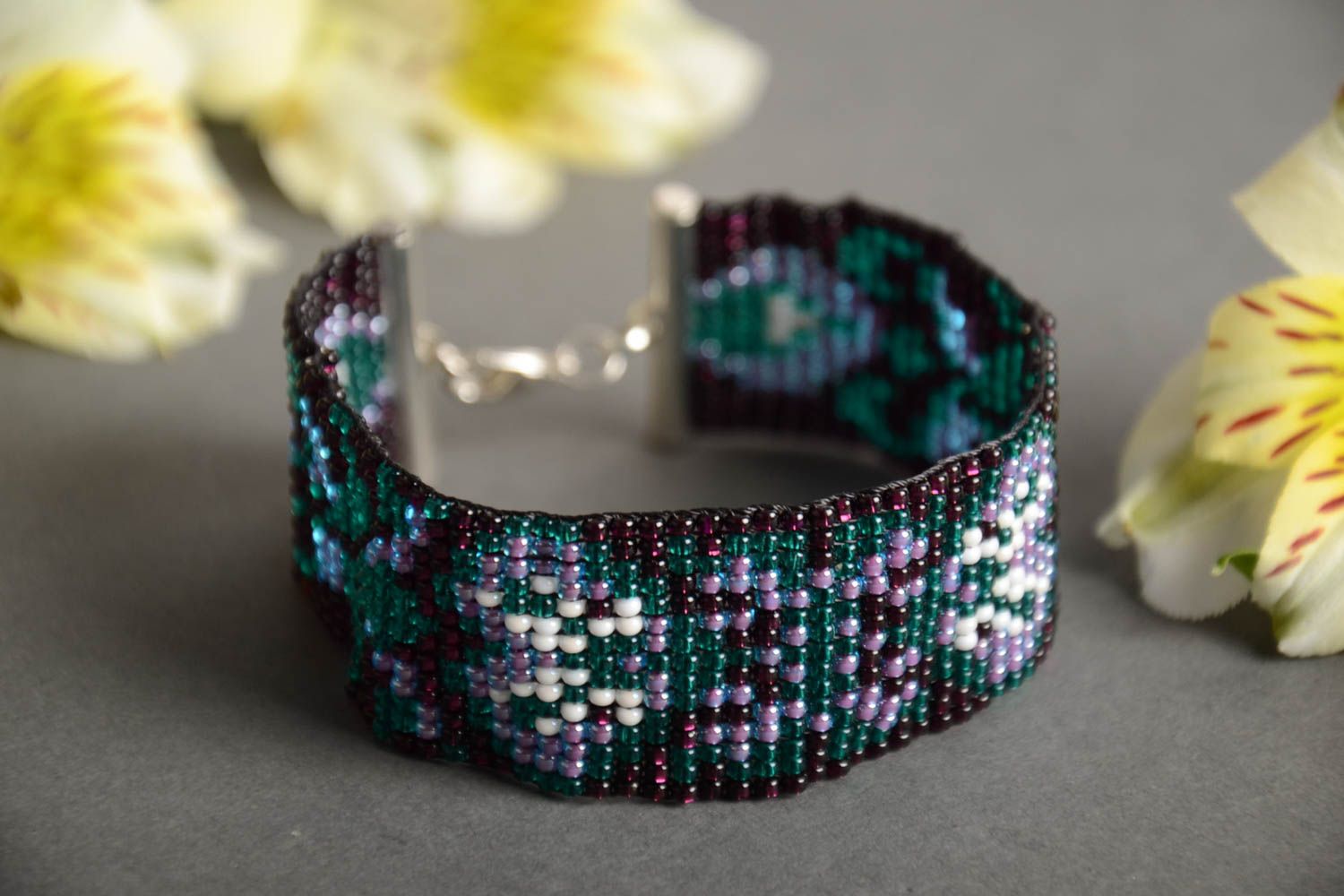 Dark beads wide cuff women's wrist bracelet with dark floral ornament photo 1