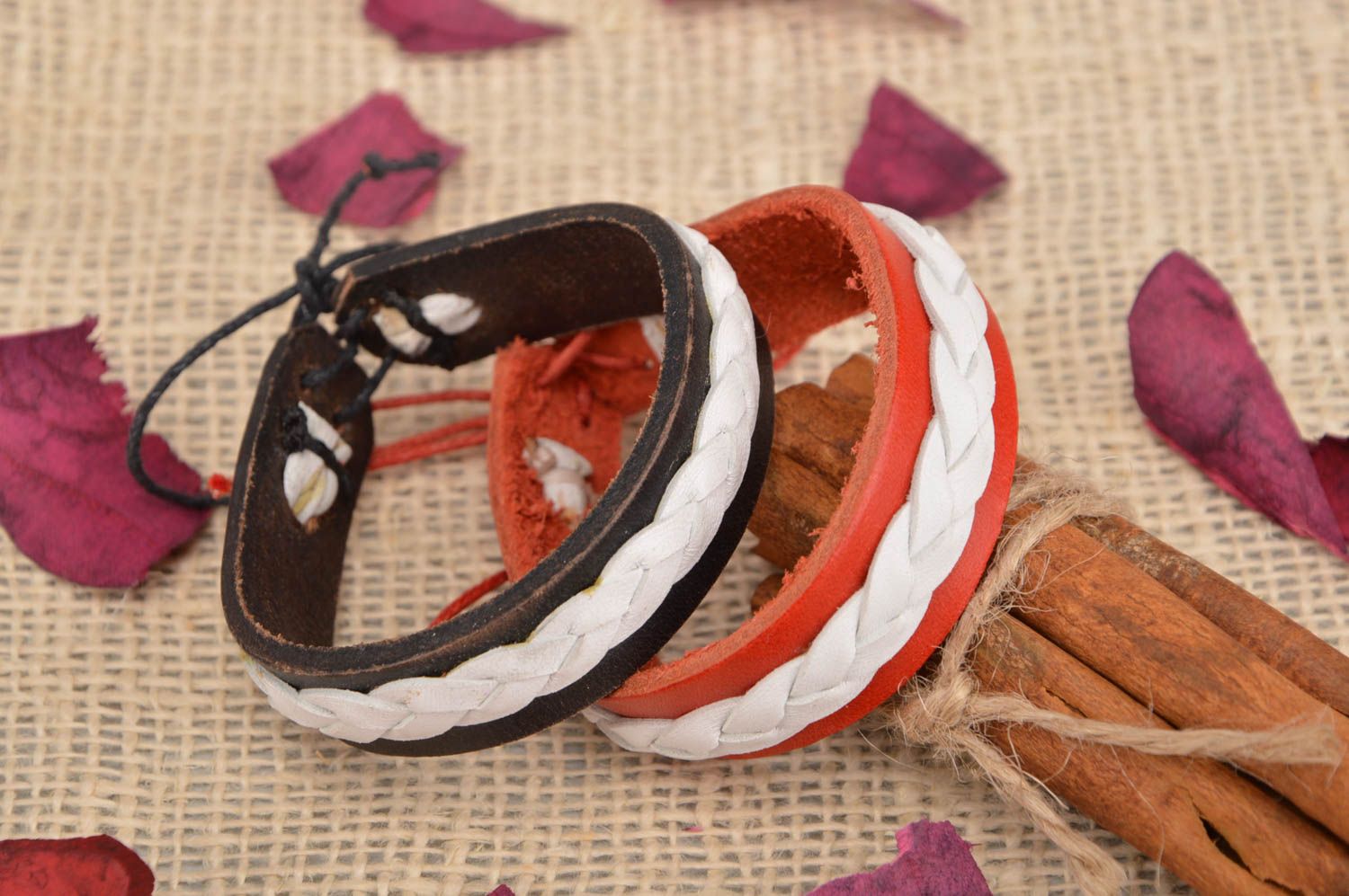 Set of 2 handmade genuine leather wrist bracelets brown and red with white decor photo 1