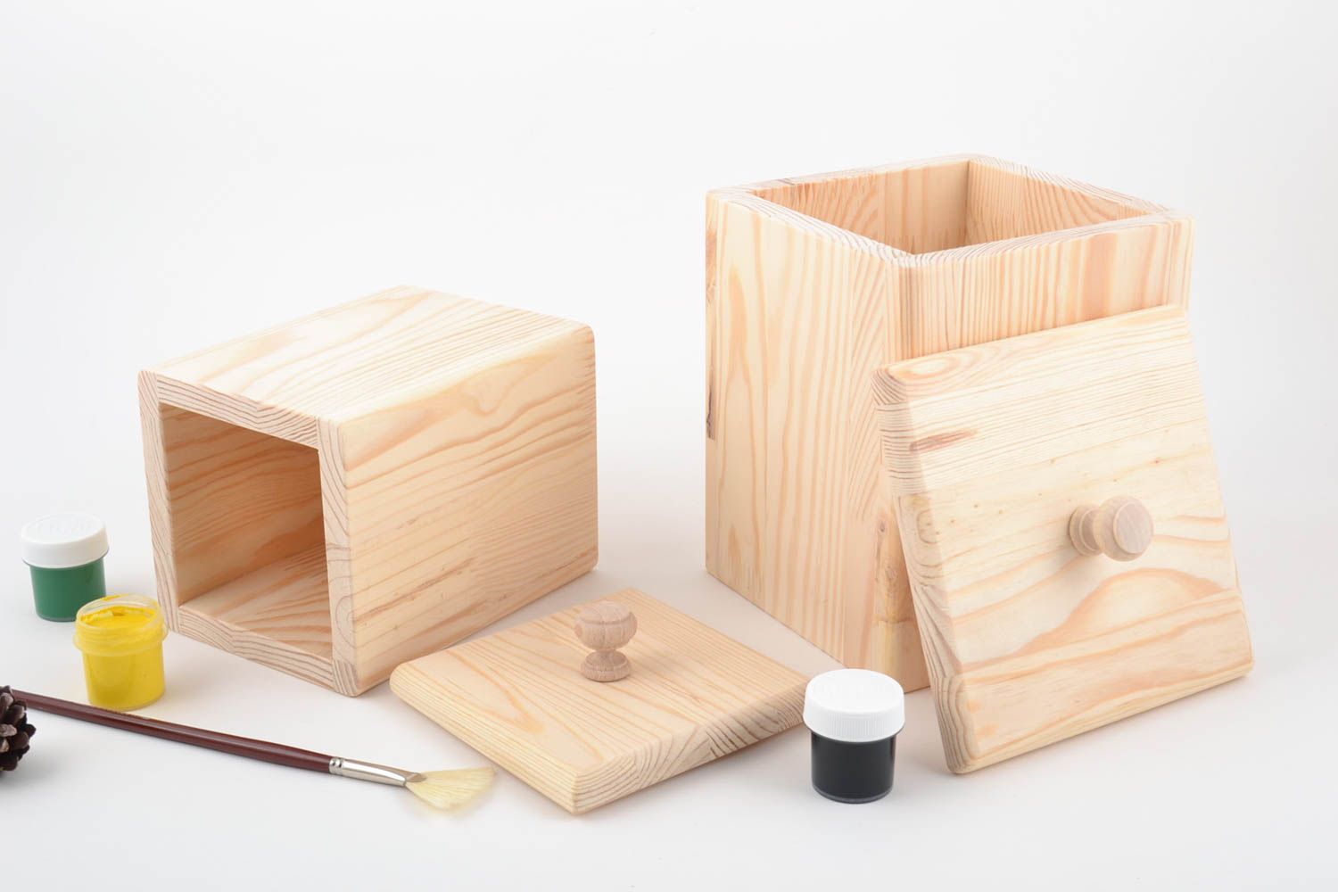 Ensemble de boîtes carrées hautes en bois brut à décorer faites main 2 pièces photo 1