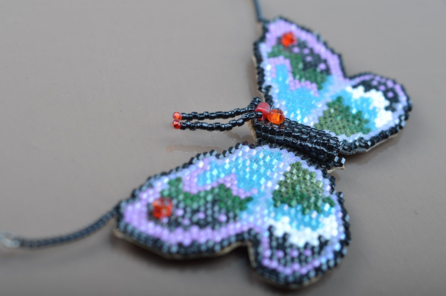 Handmade long elegant beaded neck pendant Blue Butterfly on long chain for women photo 2