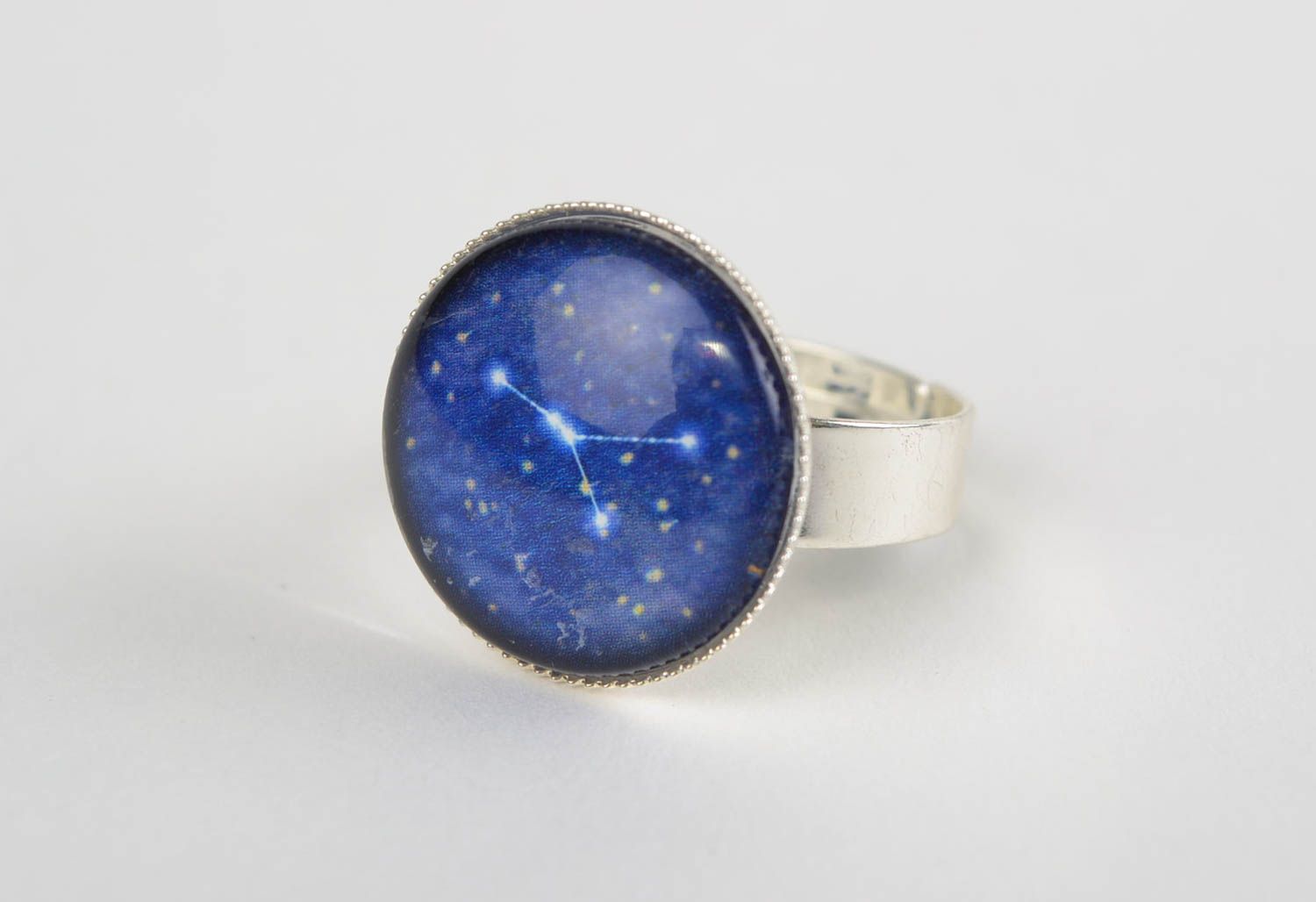 Handmade metal ring with round glass top of blue color Cancer zodiac sign photo 3