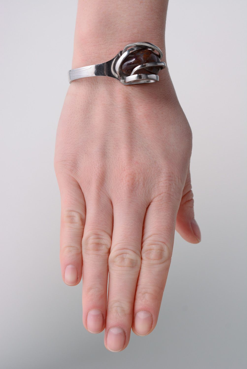Handmade metal fork wrist bracelet with stone photo 3