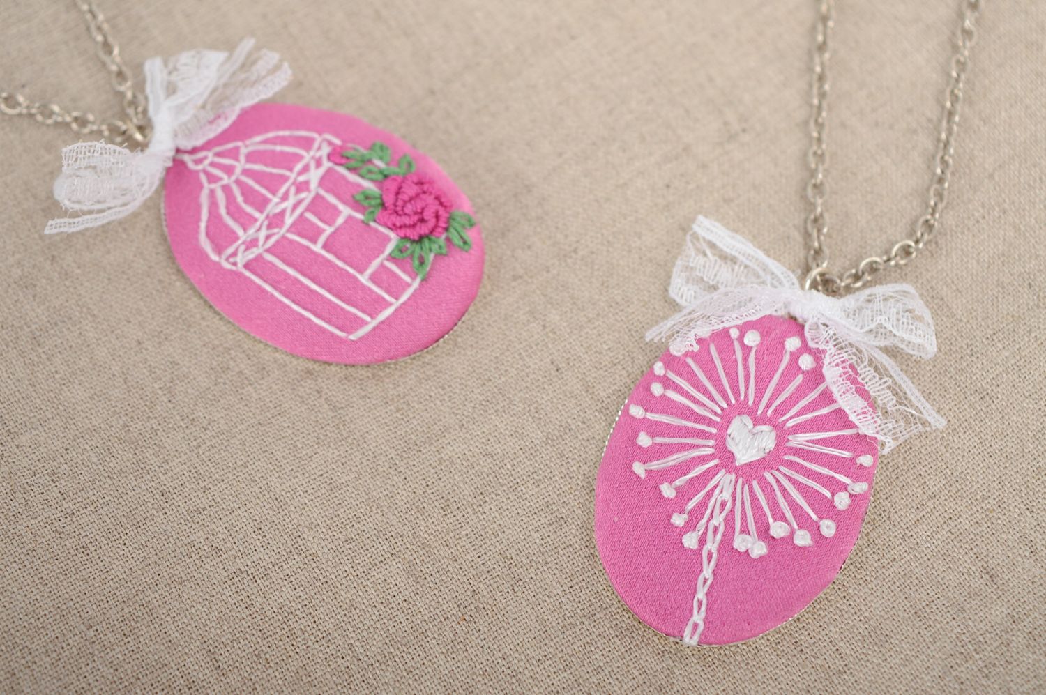 Beautiful gentle pink embroidered pendant photo 5