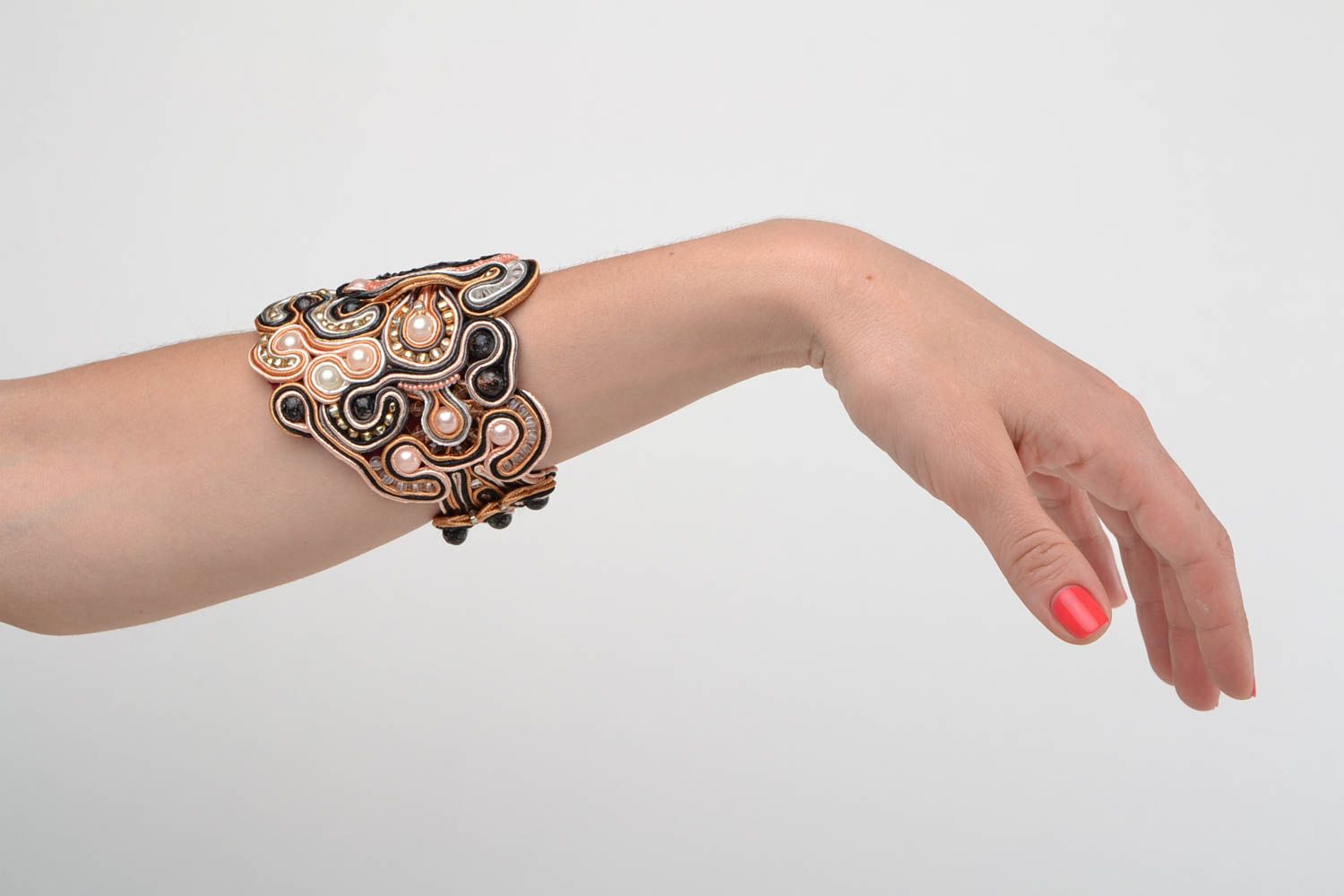 Beautiful elegant handmade designer wide soutache bracelet with beads photo 1
