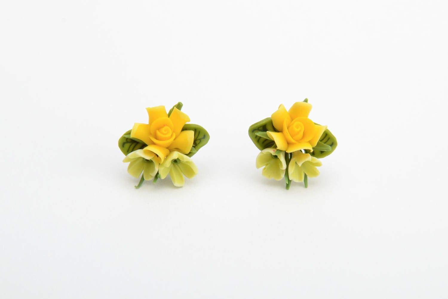Handmade designer small stud earrings with tiny yellow polymer clay flowers  photo 3