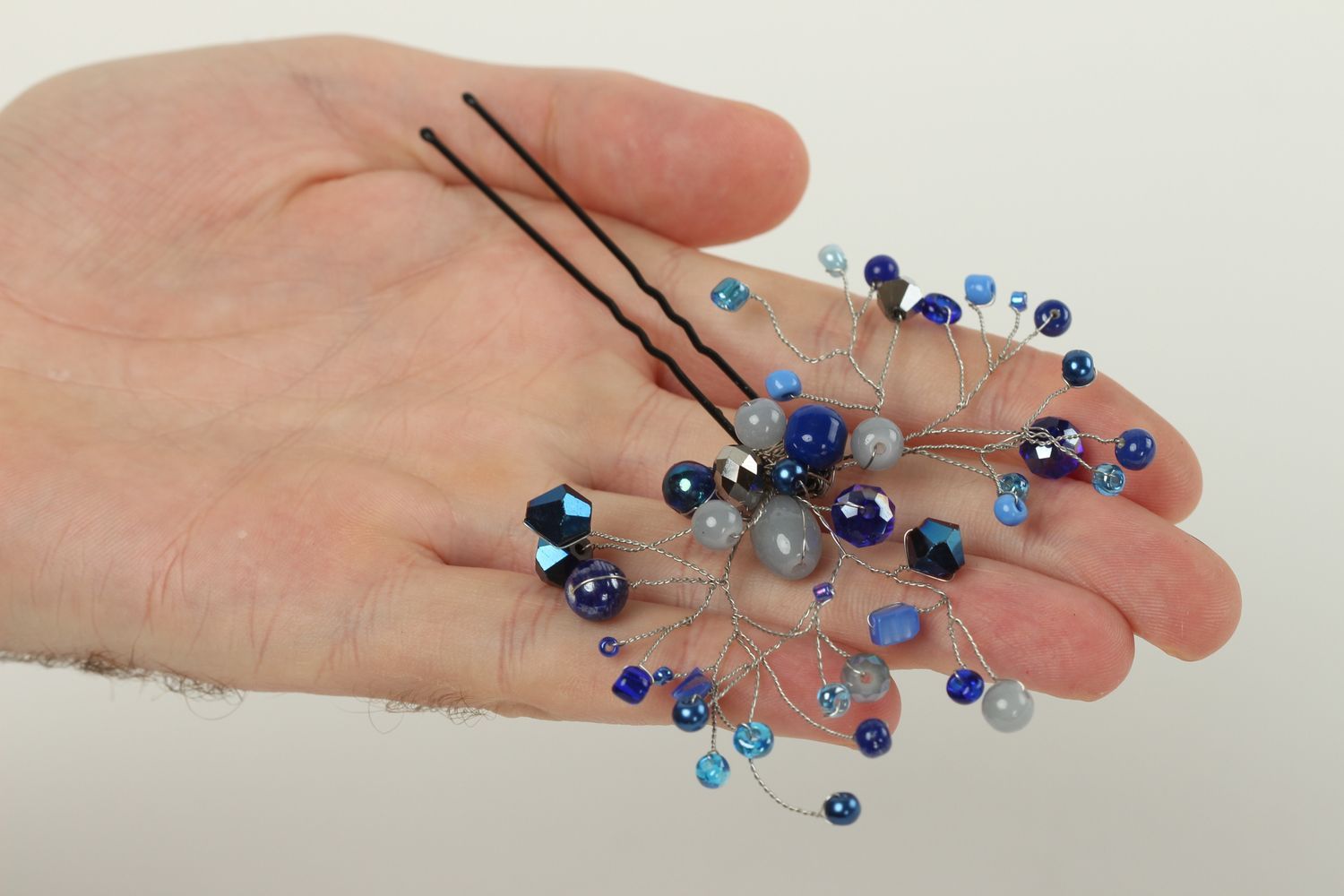 Handmade Haarnadel mit Perlen in Blau Designer Schmuck Accessoire für Haare foto 5
