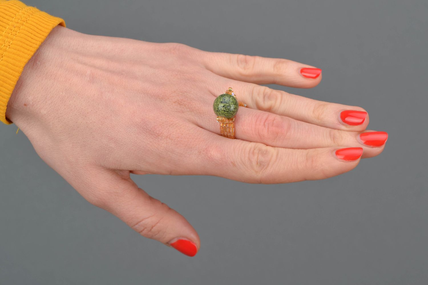 Unusual beaded ring with natural stone photo 2