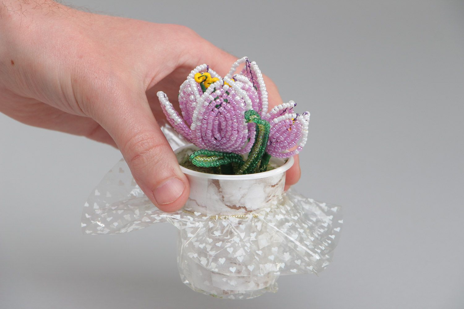 Beautiful artificial flowers hand woven of Chinese beads in the shape of violet crocuses  photo 5