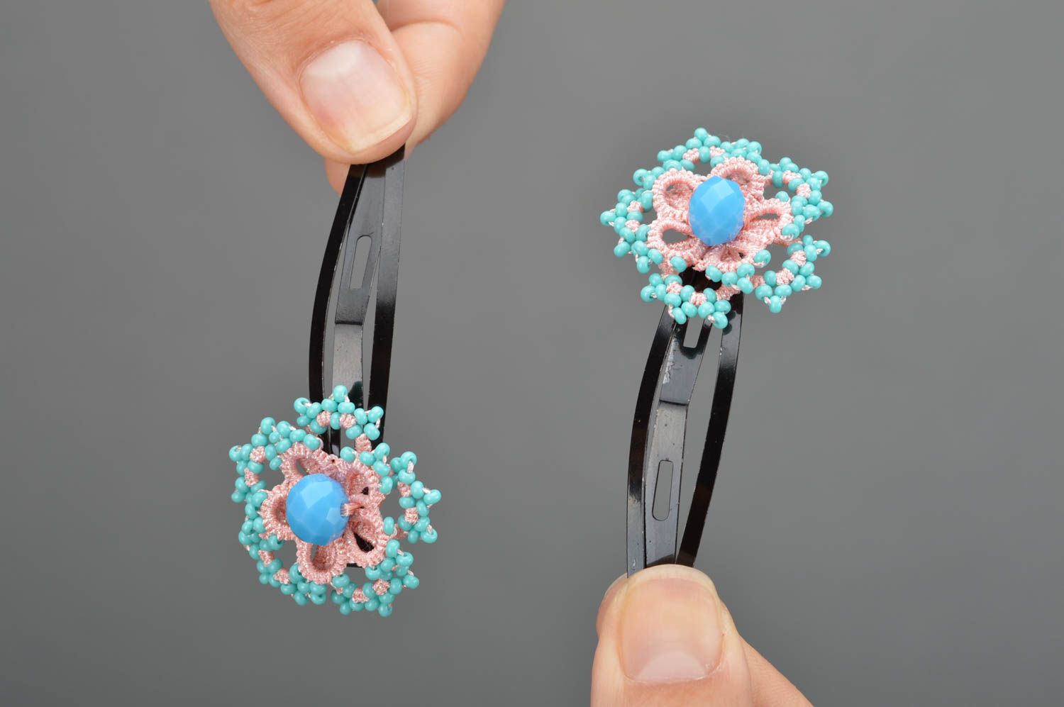 Handmade blue hair clips made of satin threads using tatting technique 2 pieces photo 3