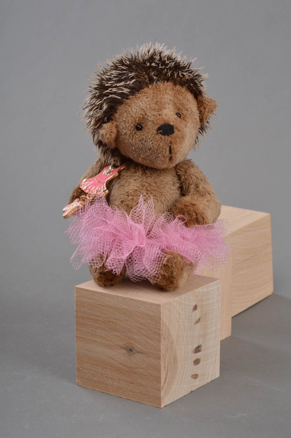 Handmade designer plush soft toy brown hedgehog in pink tutu skirt for kids photo 1