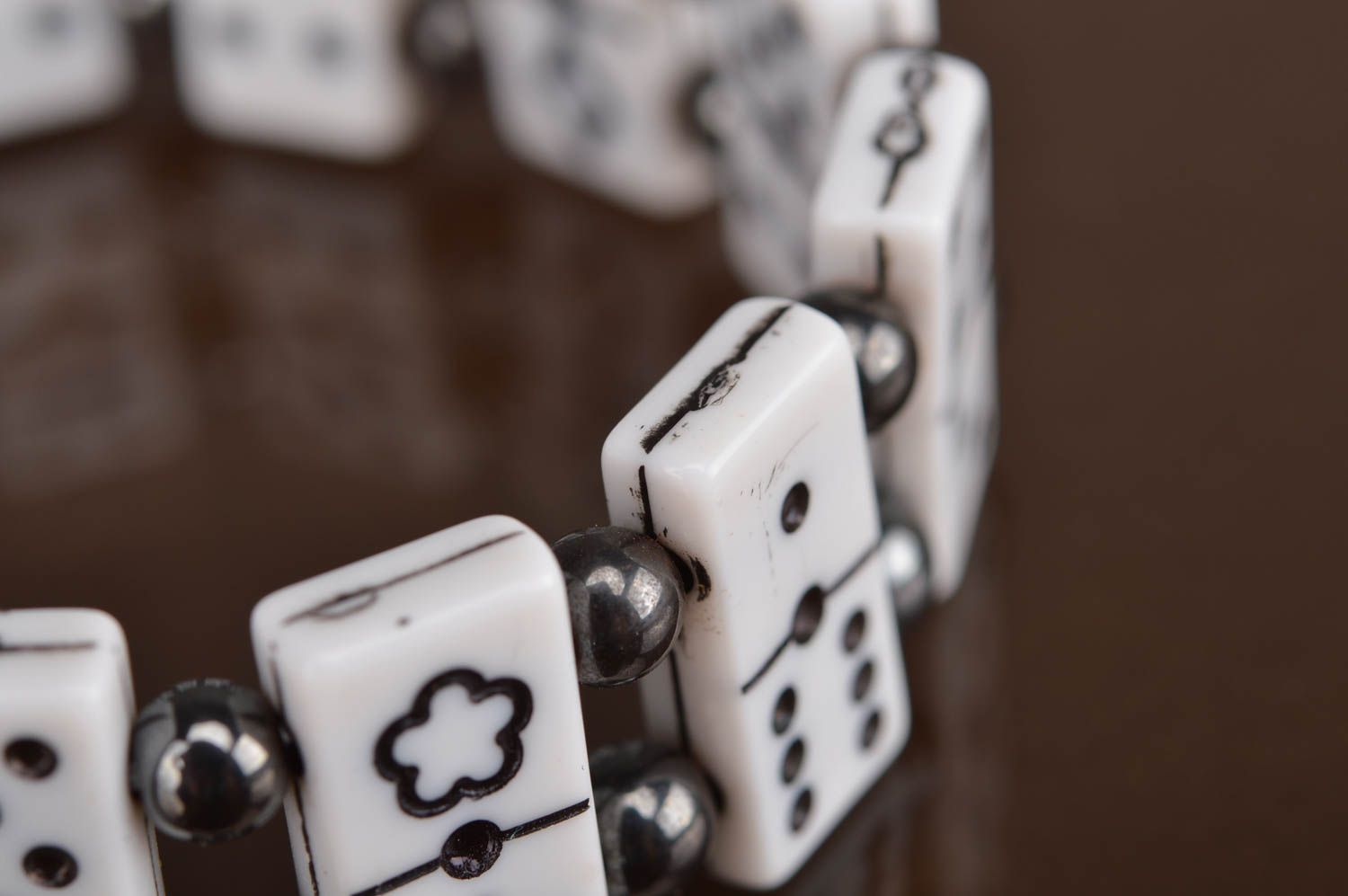 Handmade stylish bracelet made of beads black and white in shape of dominoes photo 5