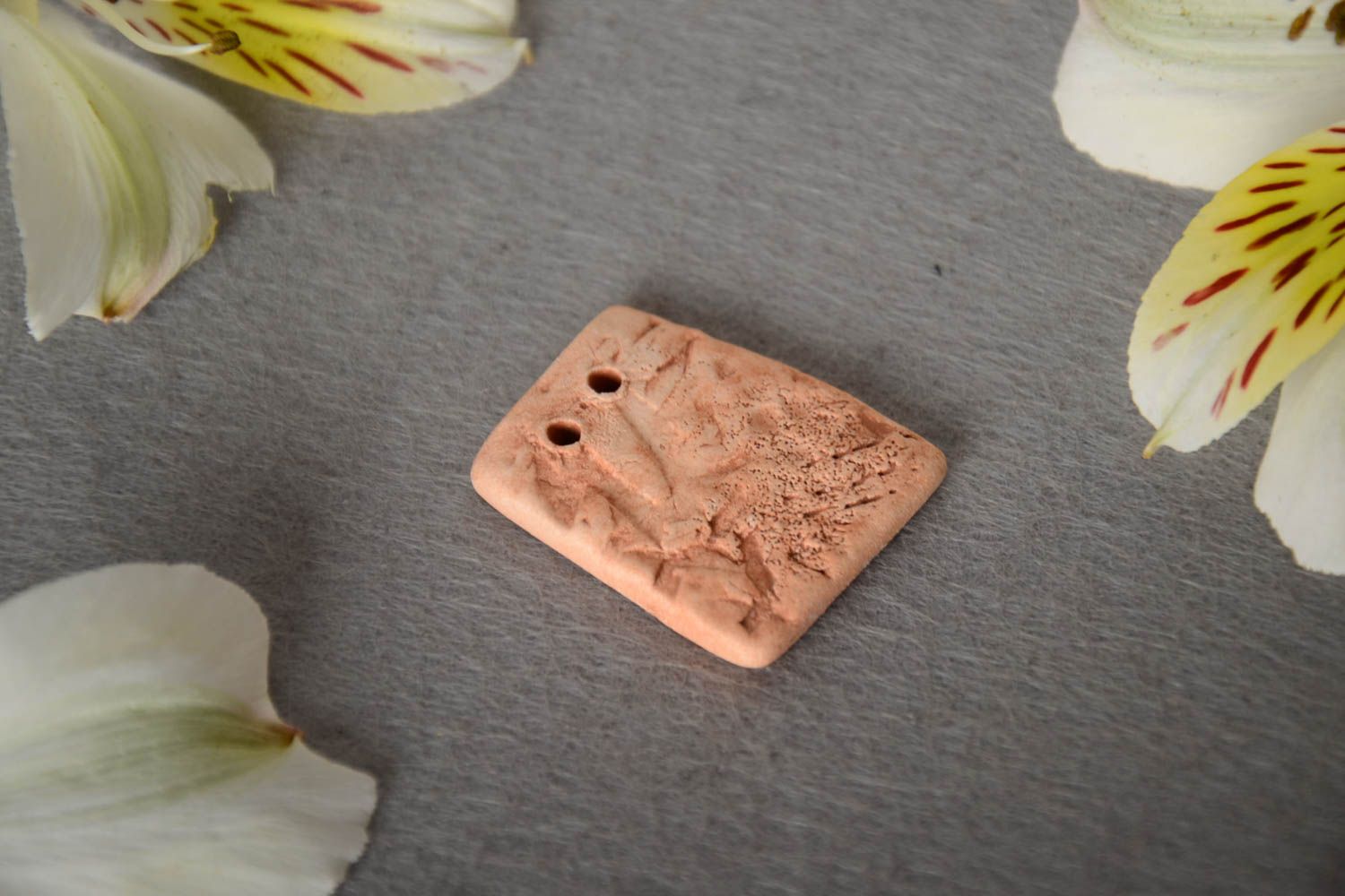 Handmade small flat laconic ceramic blank pendant with two holes jewelry supply photo 1