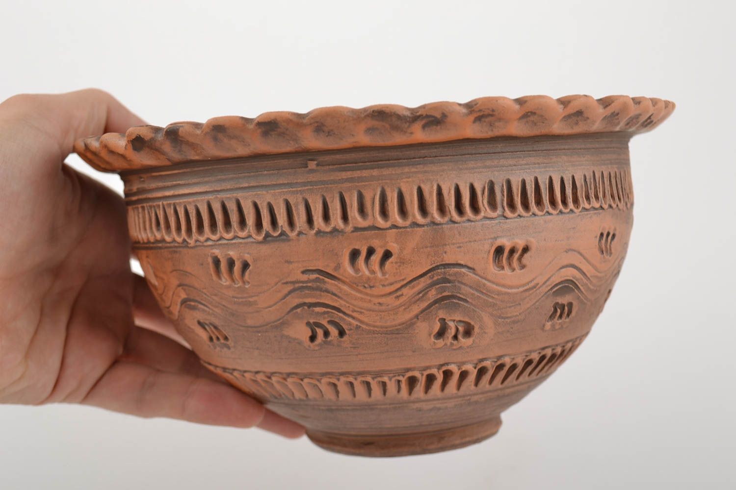 Large handmade designer clay bowl with pattern 2 l home ceramics photo 2