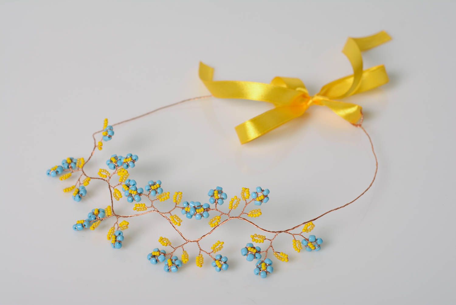 Handmade woven metal wire headband beaded tiara with ribbon photo 1
