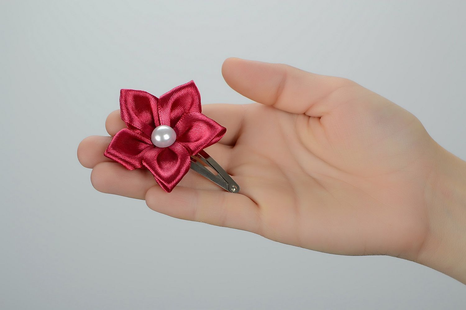 Barrette made of satin and metal Maroon Flower photo 4
