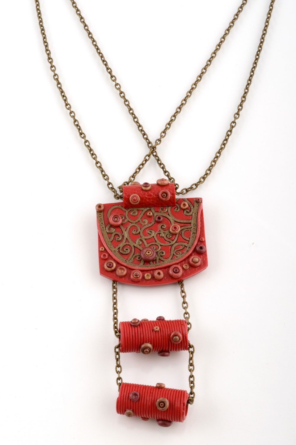 Big red handmade beautiful cute pendant made of polymer clay on long chain photo 2