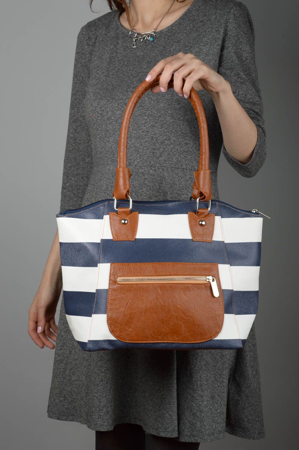 Handmade leatherette shoulder bag striped bag pretty bag for women perfect gift photo 2
