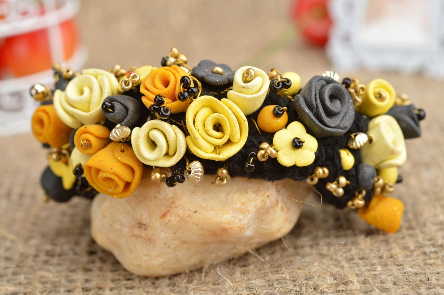 Unique handmade bracelet with flowers made of polymer clay on knitted base photo 1