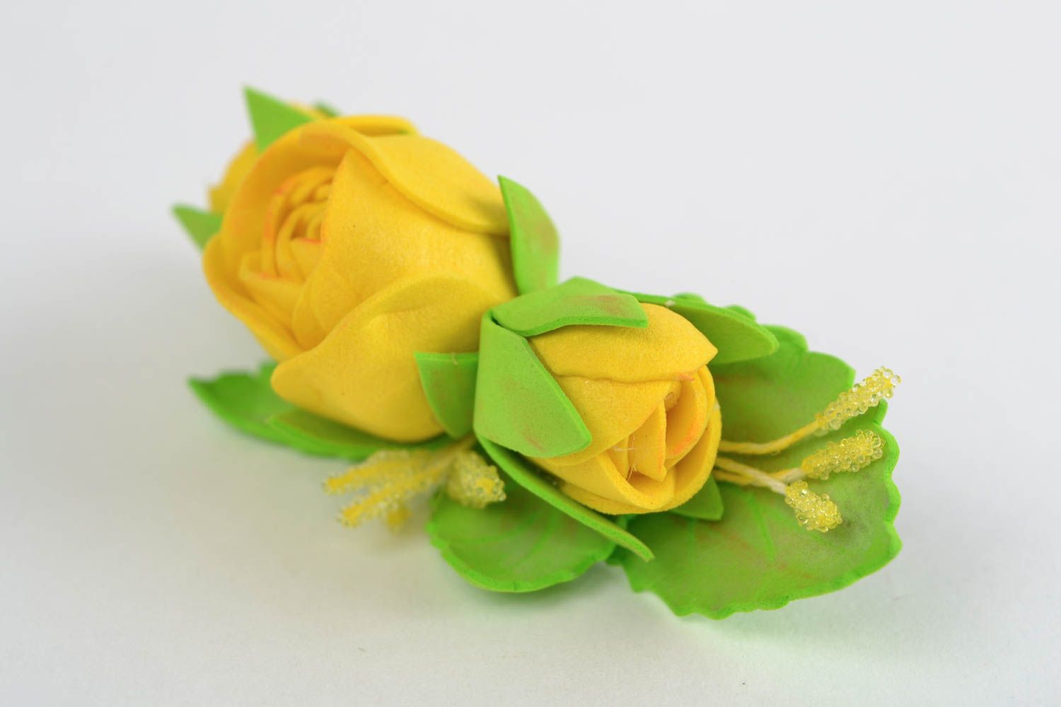 Handmade decorative hairpin made of foamiran with yellow roses  photo 4